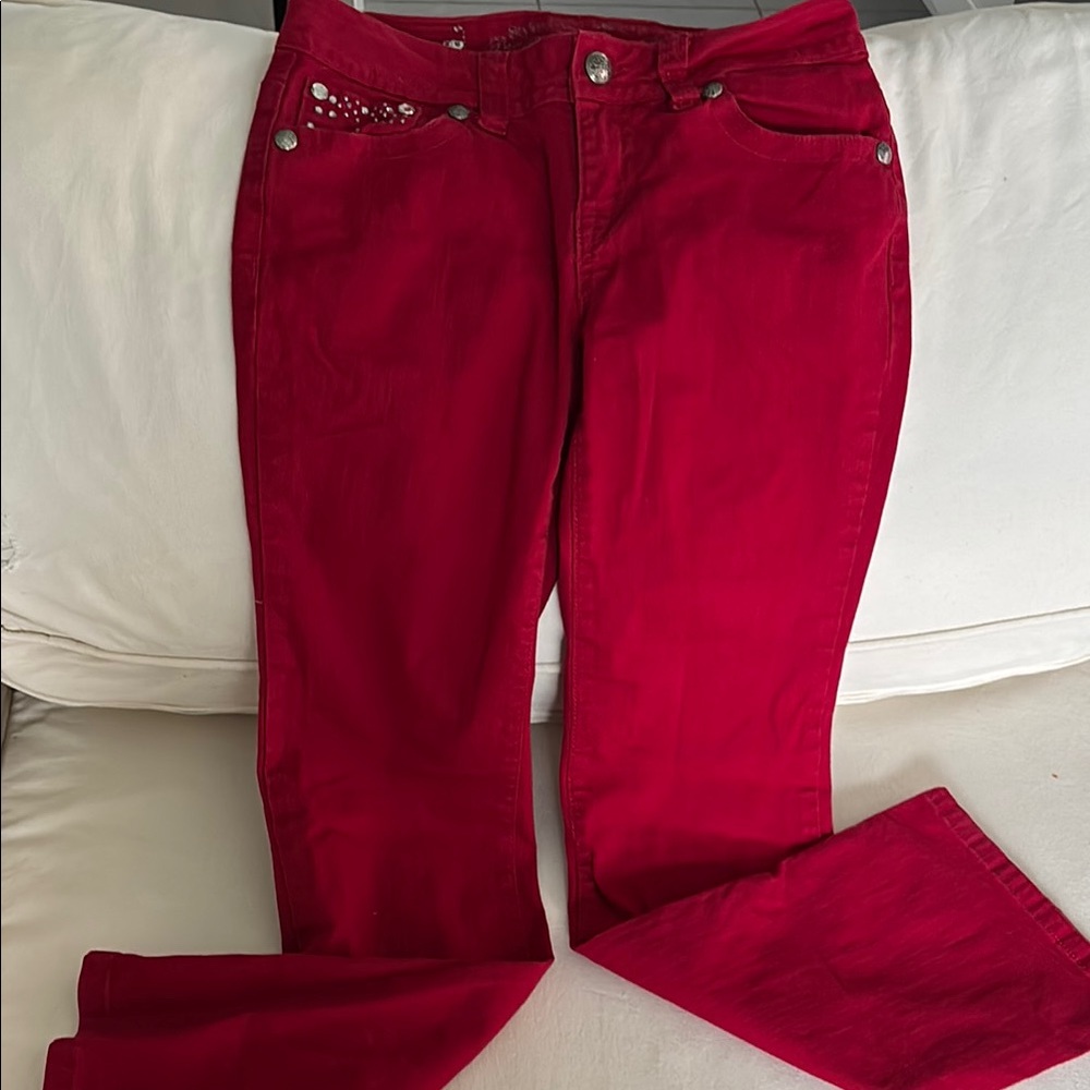 Red Jeans with Studded Pocket Detail